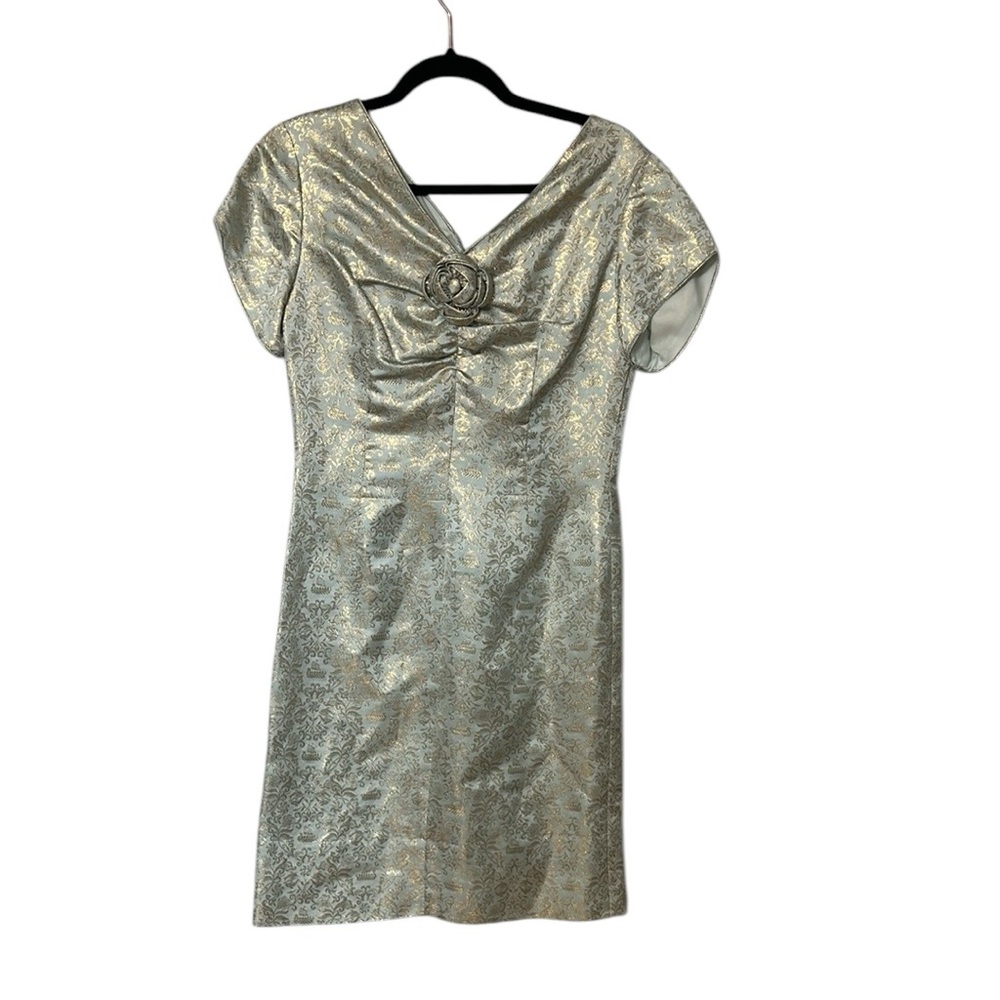 Vintage 1960s Marie Von Vehm Silver Brocade Cocktail Dress w/ Rose Detail Small - Picture 2 of 6